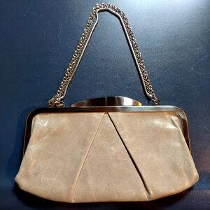Like New HOBO International Elegant Gray Leather Frame Clutch w/ Silver Chains